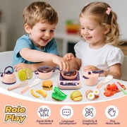 CUTE STONE Kids Kitchen Accessories Toy Pots & Pans Set, Sound Effects Induction Cooktop, Cuttable Play Food, Cooking Utensil, Pink, Ages 3+
