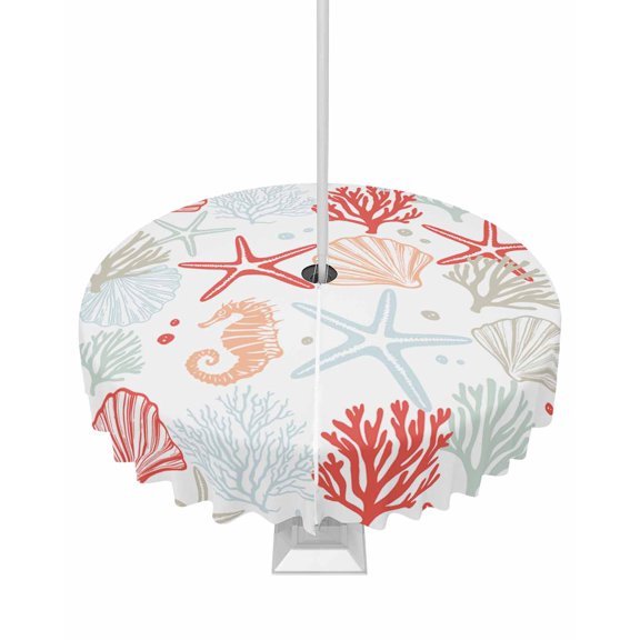 Fsddascl Ocean Orange Red Outdoor Tablecloth - 54 Inch Round Dining Table Cover, Coastal Starfish Coral Shell Marine Waterproof Outdoor Table Cloth with Umbrella Hole & Zipper for Picnic/Patio/Party