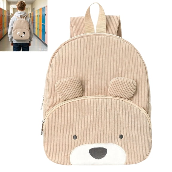 Kids Corduroy School Backpack with Cartoon Bear Embroidery, Lightweight Preschool Student Backpack with Adjustable Comfort Shoulder Straps for Daily School Outdoor Travel Use