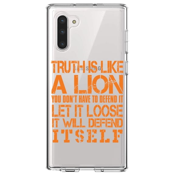 DistinctInk Clear Shockproof Hybrid Case for Samsung Galaxy Note 10 (6.3" Screen) - TPU Bumper Acrylic Back Tempered Glass Screen Protector - Truth is Like Lion - Don't Have to Defend