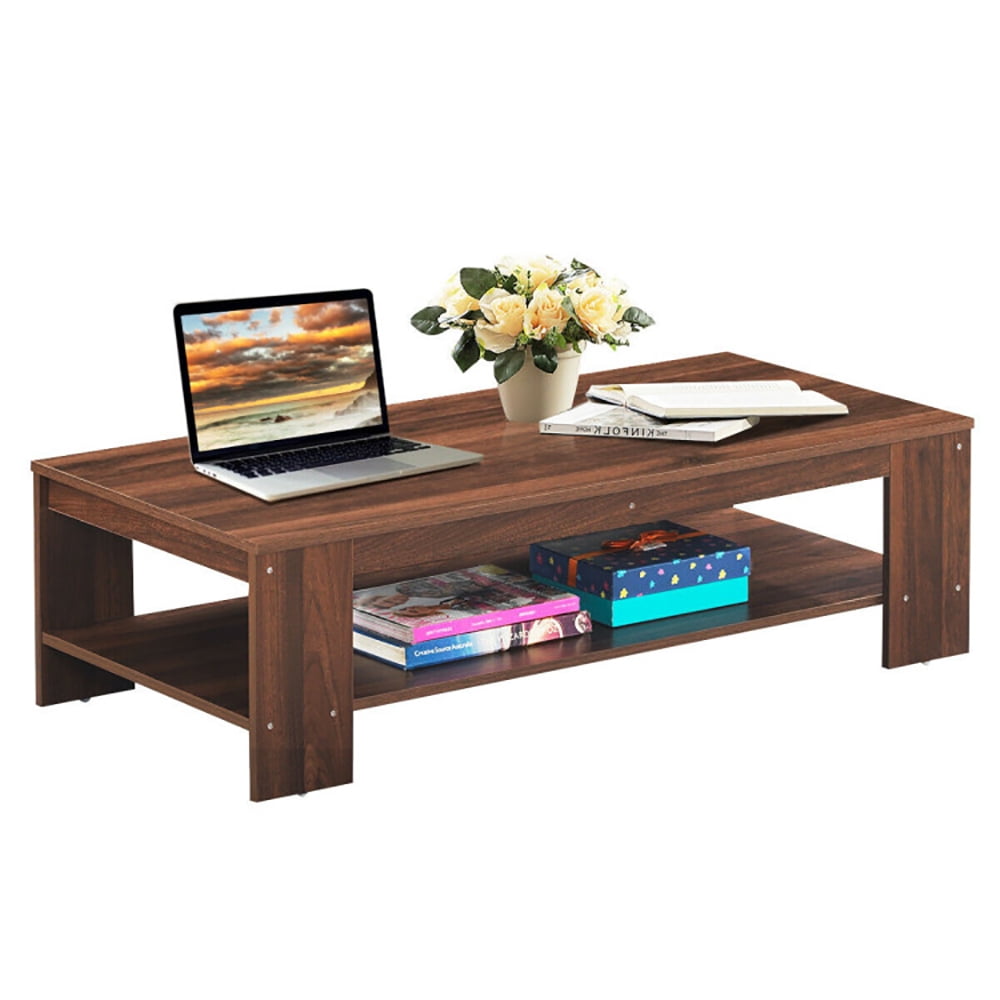 Finihen Rectangular Coffee Table, 47 Inch 2-Tier Rectangular Coffee Table with Storage Shelf, for Living Room, Reception Room, Office, Brown Finihen Rectangular Coffee Table, 47 Inch 2-Tier Rectangular Coffee Table with Storage Shelf, for Living Room, Reception Room, Office, Brown