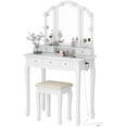 Tiptiper White Vanity Table Set with TriFold Lighted Mirror and