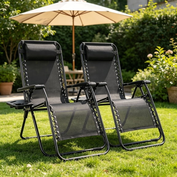 Kelno 2-Pack Zero Gravity Outdoor Lounge Chairs 330lbs Capacity Folding Textilene Recliner with Adjustable Pillow Cup Holder Tray, Black