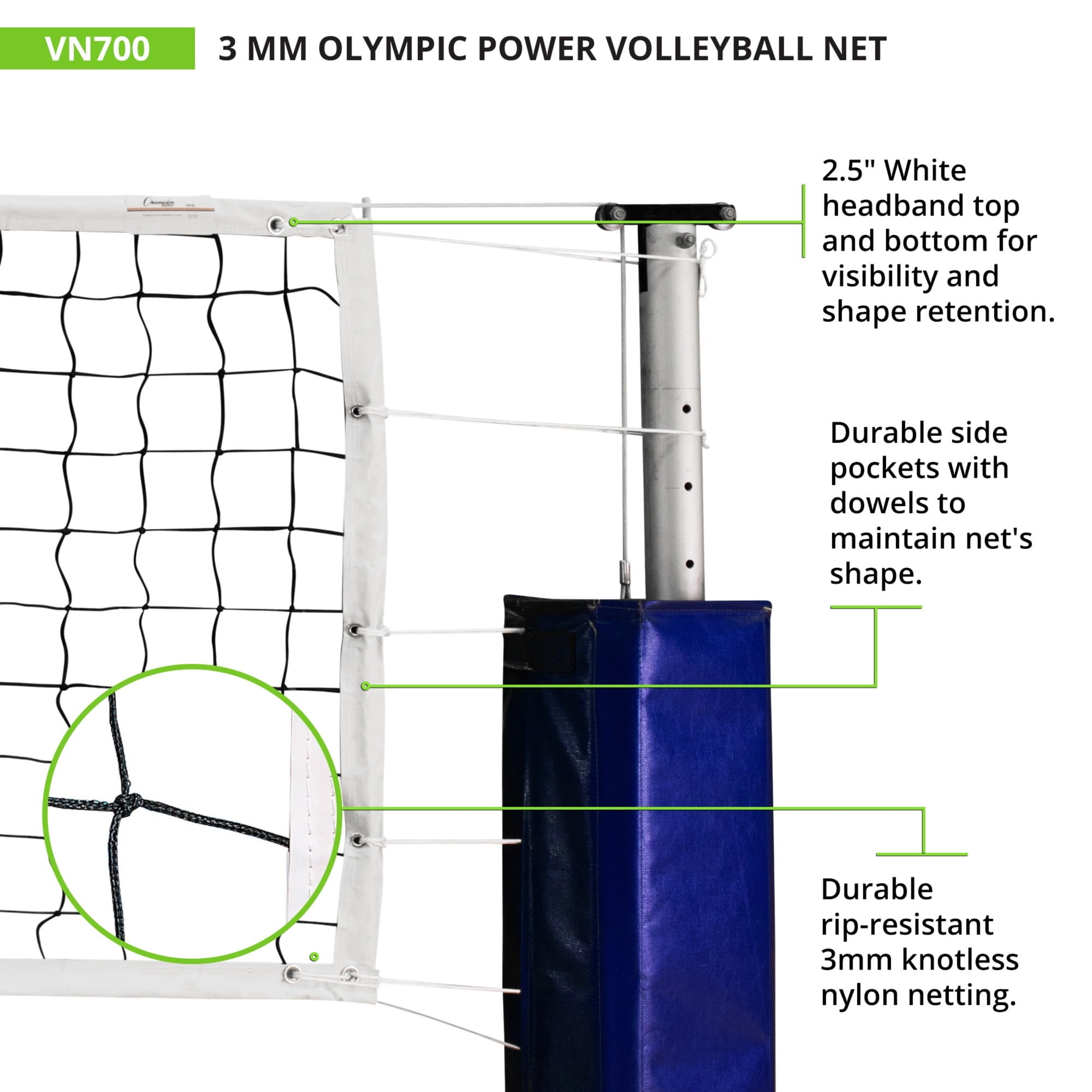 Champion Sports Official Volleyball Net Set, Olympic-Sized 32 x 3 ⅛ feet, 3mm Nylon Netting, for Tournament Play - Durable, Professional Volleyball Nets - Premium Training Equipment