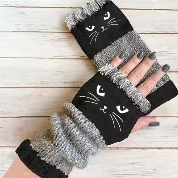 Cat Embroidery Touchscreen Gloves for Women, Fashion Knitted Gloves with Leaky Finger Design, Warm Winter Gloves (Black)
