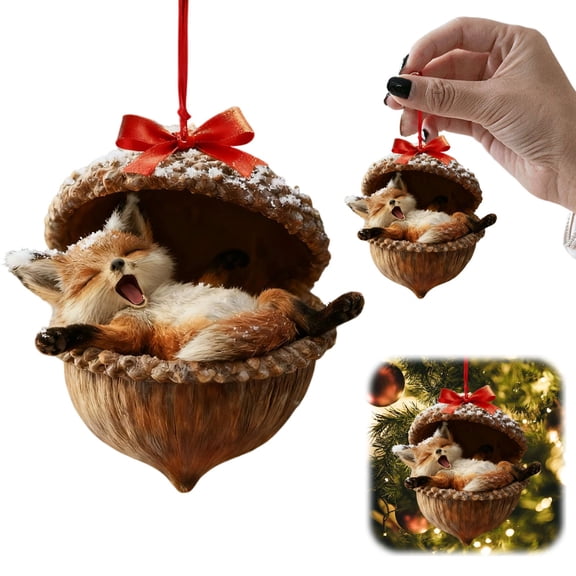 Christmas Tree Ornaments, 2D Acorn Woodland Animal Hanging Ornament, Cute Animal Figurine Pendants with Red Bow, Festive Berry Accent for Xmas Holiday Home Party Decoration, Winter Decor Gift