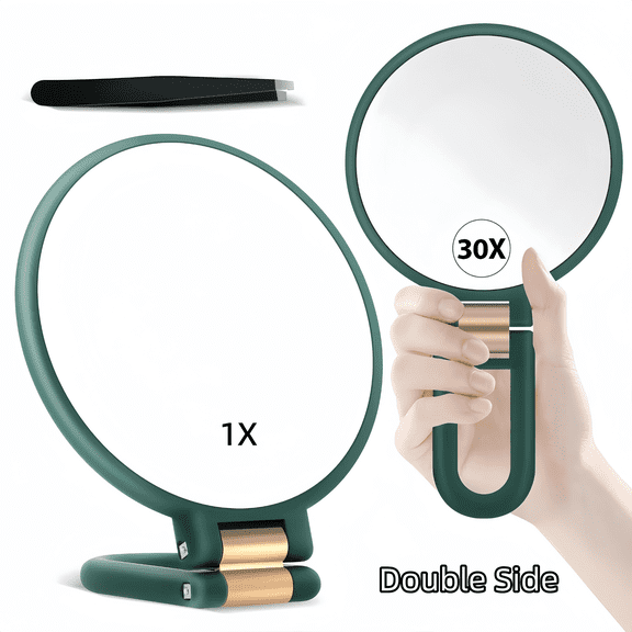 30X Magnifying Handheld Makeup Mirror, Double Sided Foldable Travel Hand Mirror with Handle, 1X & 30X Magnification Portable Hand Mirror for Cosmetic Shaving Travel Use, Green
