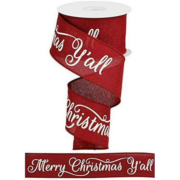Merry Christmas Y'all Wired Ribbon - 2 1/2" x 10 Yards, Burgundy & White, Wreath