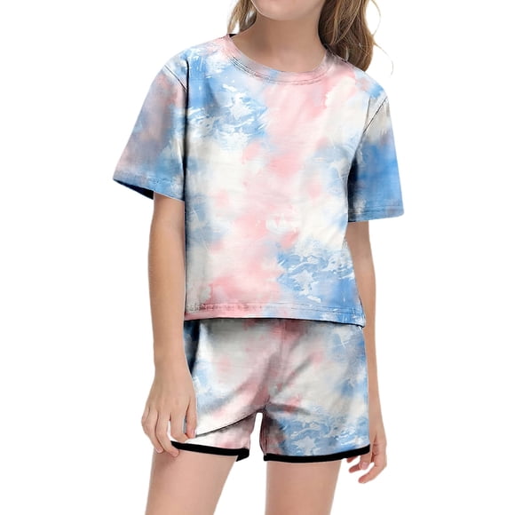 Conjunto de verano para niña REDARER con efecto tie-dye: top de manga corta con bolsillo y pantalones cortos transpirables, ropa informal ligera, talla 6-7 años
