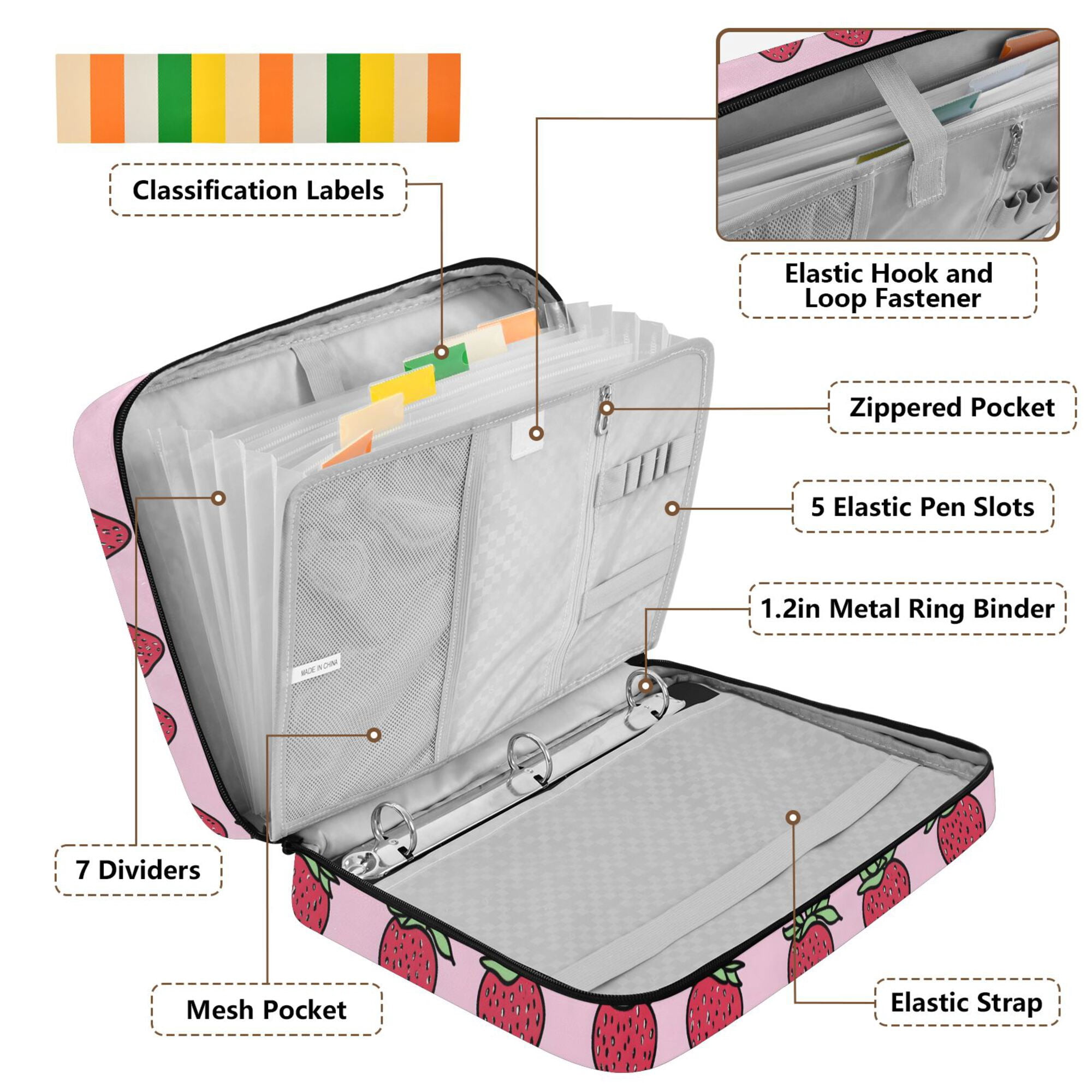 FORMRS Accordion File Folder A4 Size 7-Pocket Expanding Document Organizer Bag with 3 Ring Binder, Cartoon Strawberry
