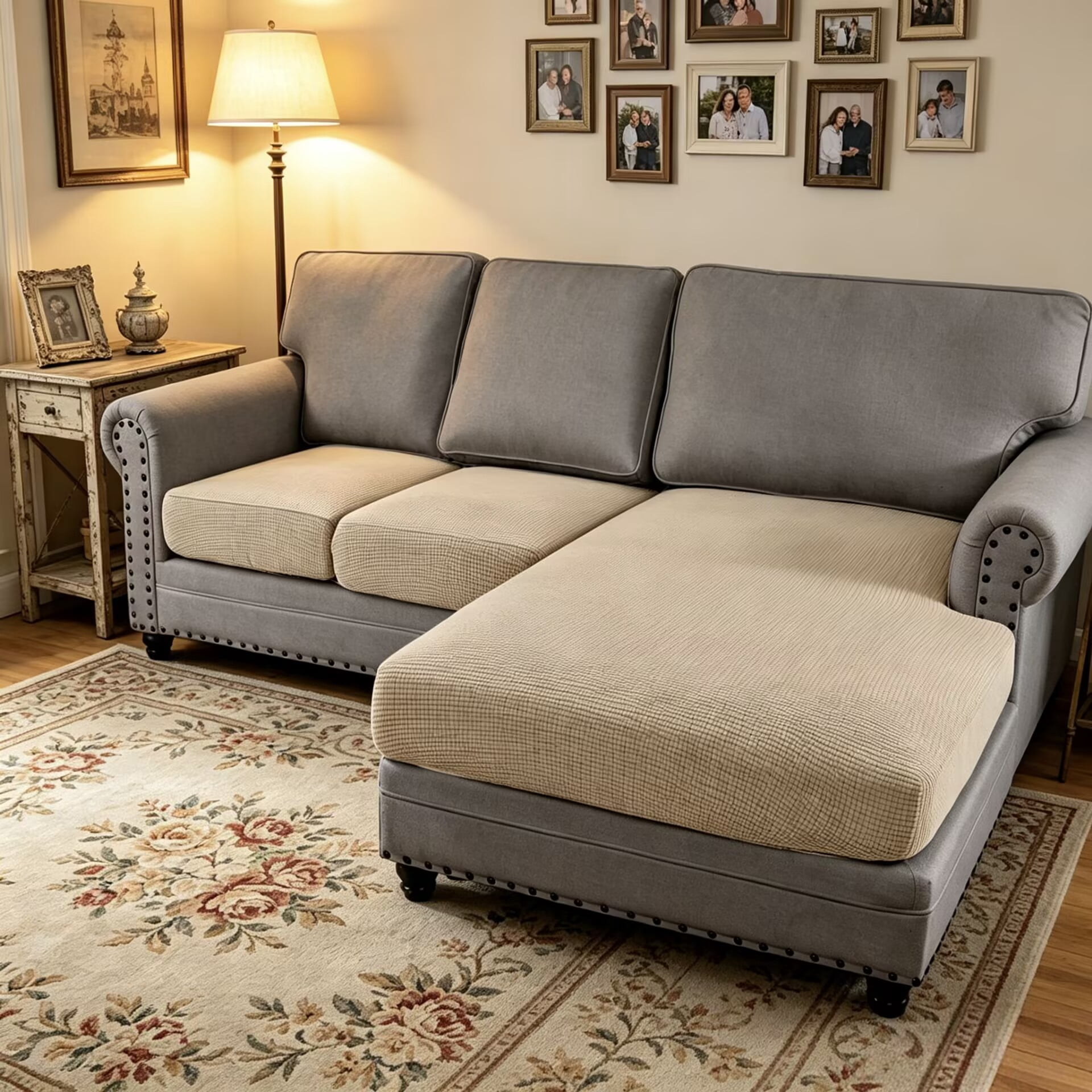 Turquoize 3-Piece Separate Slipcovers Textured Grid Stretch Non-Slip L Shape Sofa Seat Covers for Both Left/Right Sectional Couch (Seat Only: 1 Chaise + 2 Sofa,Island Fossi）