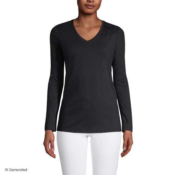 Lands' End Women's Petite Relaxed Supima Cotton Long Sleeve V-Neck T-Shirt