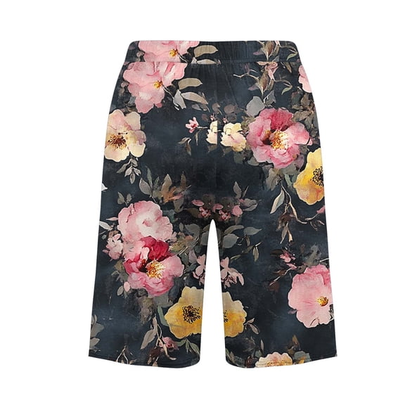 Costeam Womens Watercolor Wild Floral Bermuda Shorts Dual Side Hand Pockets Drawstring Elastic High Waist Loose Mid Thigh Lightweight Casual Short Pants