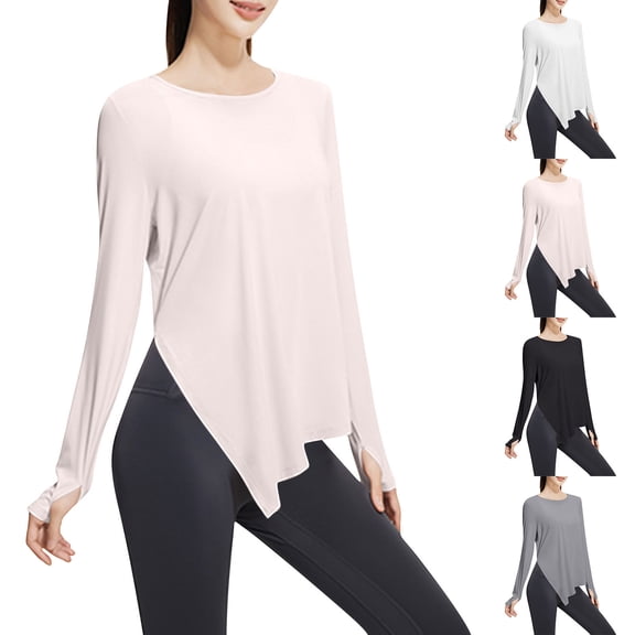 FNFYFH Long Sleeve Workout Tops for Women with Thumb Holes Side Split Loose Fit Gym Yoga Shirt Ice Silk Sun Protection Shirts