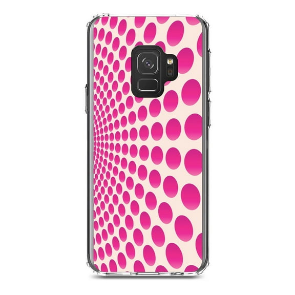 DistinctInk Clear Shockproof Hybrid Case for Samsung Galaxy S9 (5.8" Screen) - TPU Bumper, Acrylic Back, Tempered Glass Screen Protector - Hot Pink Polka Dots Swirl