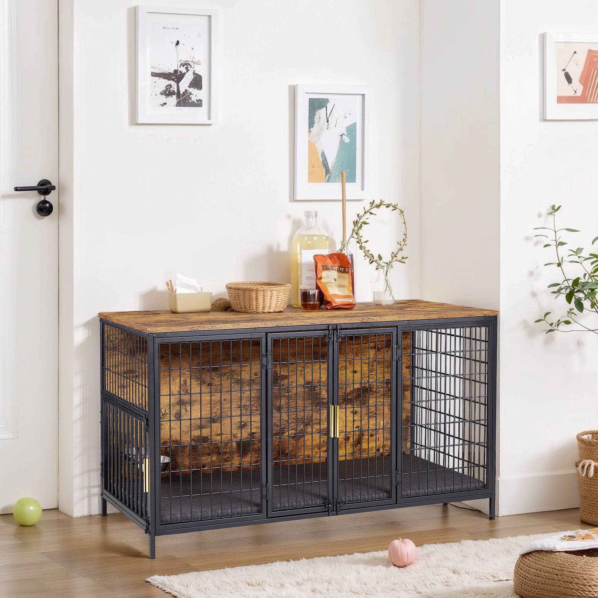VECELO Dog Crate Furniture, 53 Inch Dog Kennel Indoor Wooden Dog Cage with Double Doors, Farmhouse Decorative Pet House for Large Medium Dogs, Chew-Resistant, Brown
