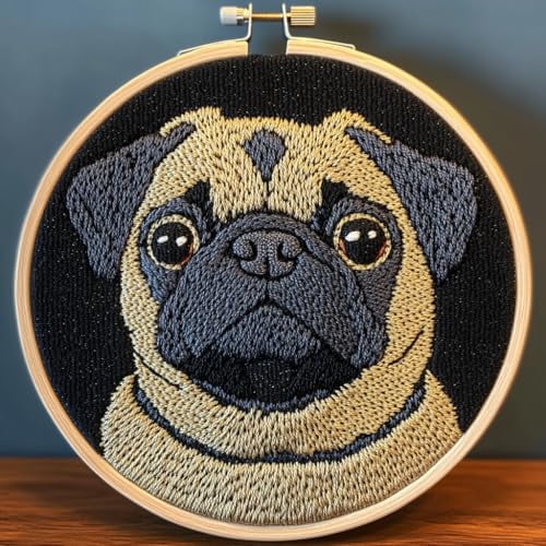 DIY Punch Needle Kits for Beginners Cute Pug Dog with Black Color Background with Hoop Punch Needle Starter Craft Embroidery Set Easy for Adults and Children Festival Gift and Decoration 20x20cm-1