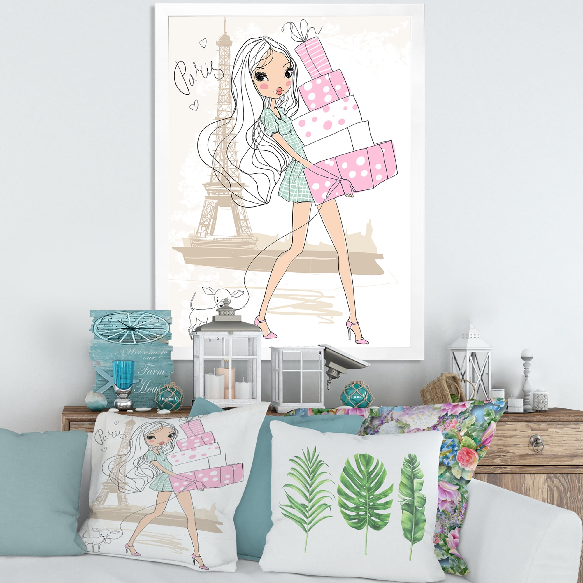 Designart 'Young Woman With Shopping Boxes In Paris' Shabby Chic Framed Art Print