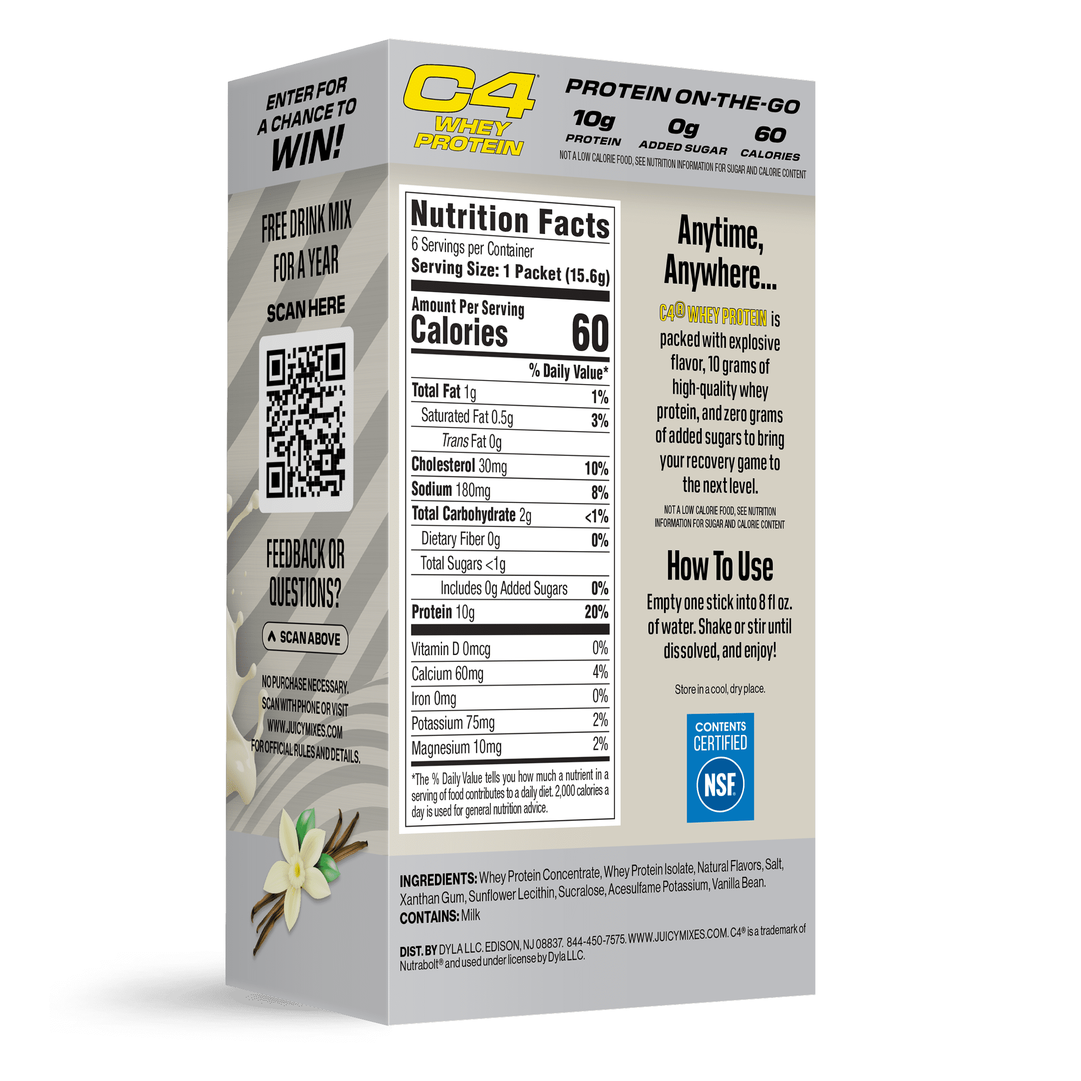 C4 Drink Mix Vanilla Bean Protein, 6 Powder Stick Packs