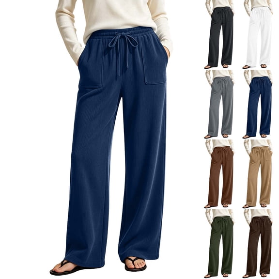 Sokhug Women Ribbed Knit Wide Leg Pants Drawstring Elastic Waist Casual Trousers With Patch Pockets Casual Solid Color Lounge Trousers