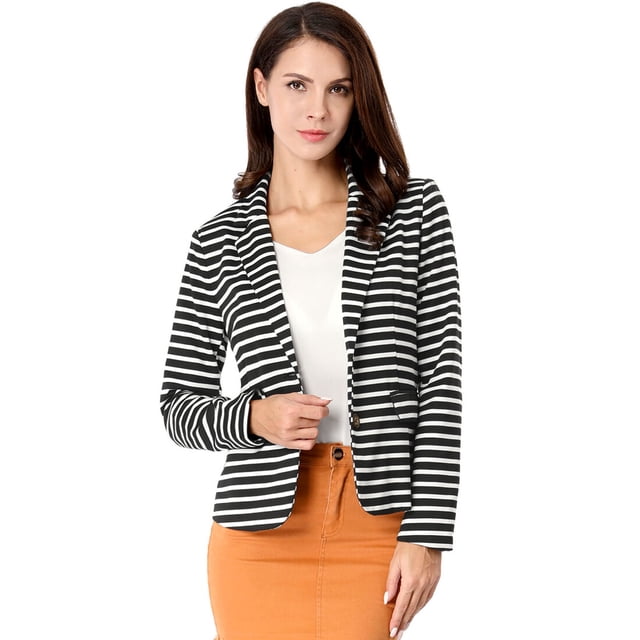 INSPIRE CHIC Blazer a rayas con cierre de botón y bolsillo con solapa con muesca para mujer Negro XL