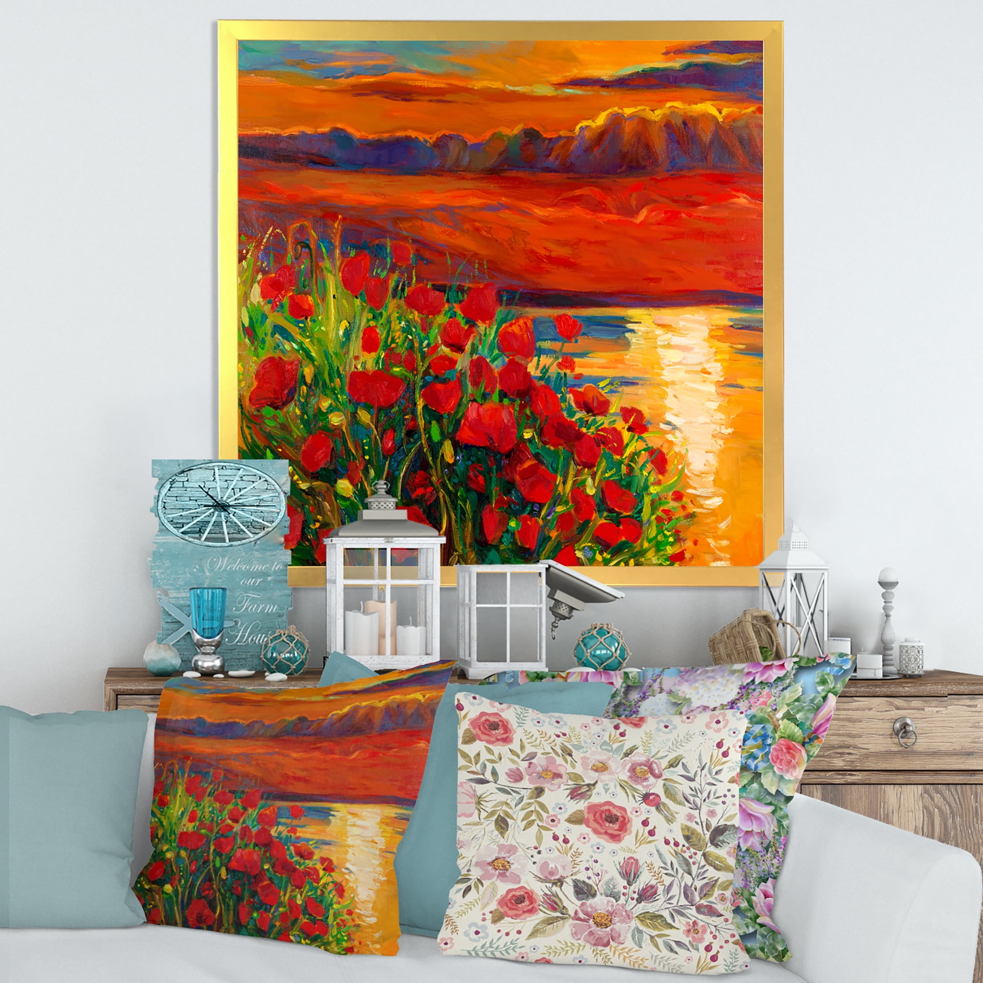 Red Poppies By The Ocean During Evening Glow 36 in x 36 in Framed Painting Canvas Art Print, by Designart