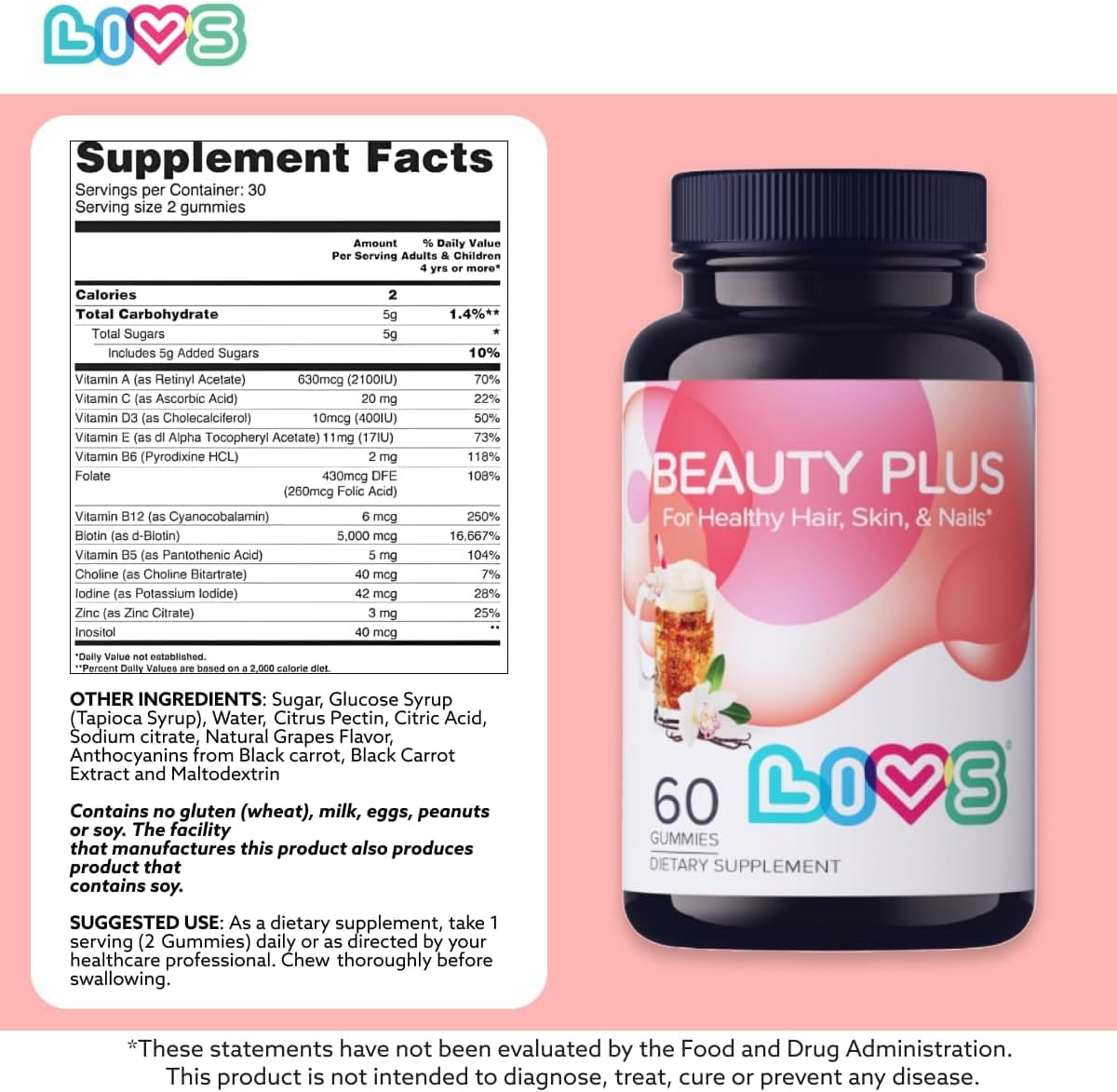LIVS Beauty Plus Gummies Biotin - Collagen Multivitamin for healthy hair, skin, and nails 60 Gummies
