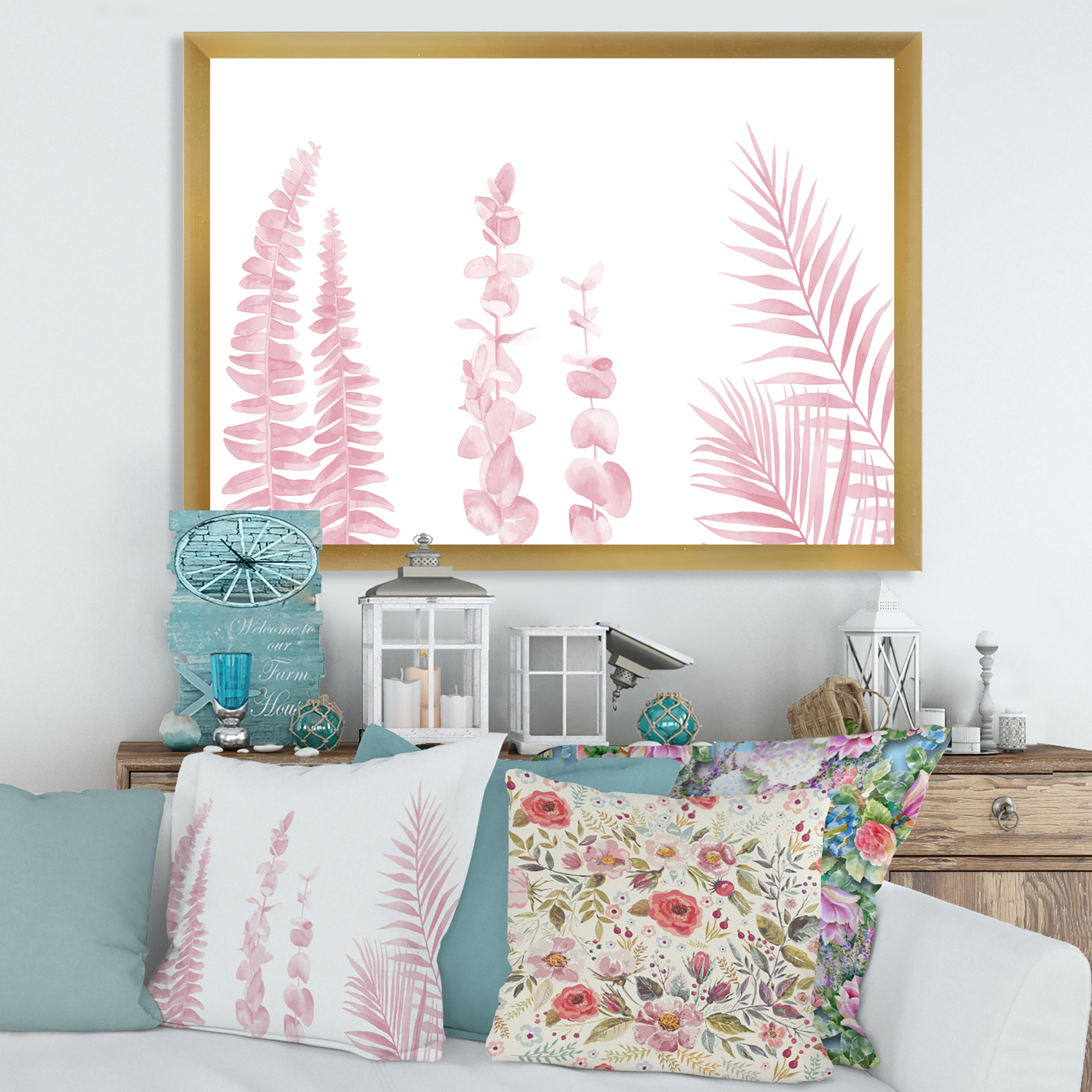 Designart 'Palm Branches and Blush Pinkeucalyptus' Shabby Chic Framed Art Print