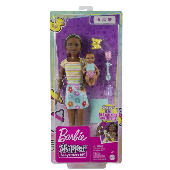 Barbie Skipper Babysitters Inc Brunette Doll in Flowered Skirt with Baby Doll & 5 Themed Pieces