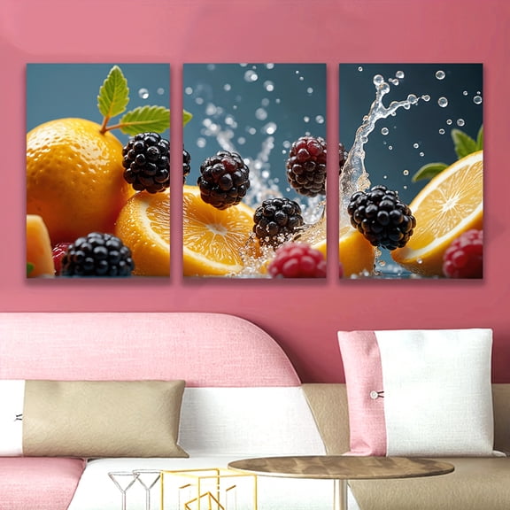 3pcs Vibrant Fruit Canvas Art Prints - Frameless, High-Definition Wall Decor for Living Room, Kitchen, Office & Bar - Perfect Gift for Birthdays, Holidays & Parties, Kitchen Wall Decor | Splash of C