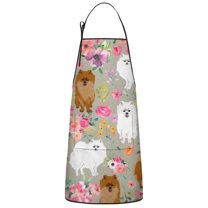 Pomeranian Dog and Flower Floral Apron-Garden Aprons for Women with Pockets-Cotton Linen Waterproof Kitchen Cooking Gardening Aprons Adjustable for Kitchen,Cooking,BBQ and Salon 33x27 Inch