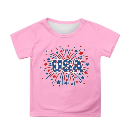 WhouRiu Toddler Boy T Shirt Independence Day Short Sleeve Letter Graphic Round Neck Tshirt for Summer Party Pink