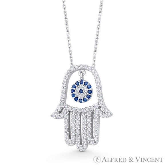 Hamsa Hand Evil Eye Charm CZ Crystal Pendant & Chain Necklace in .925 Sterling Silver