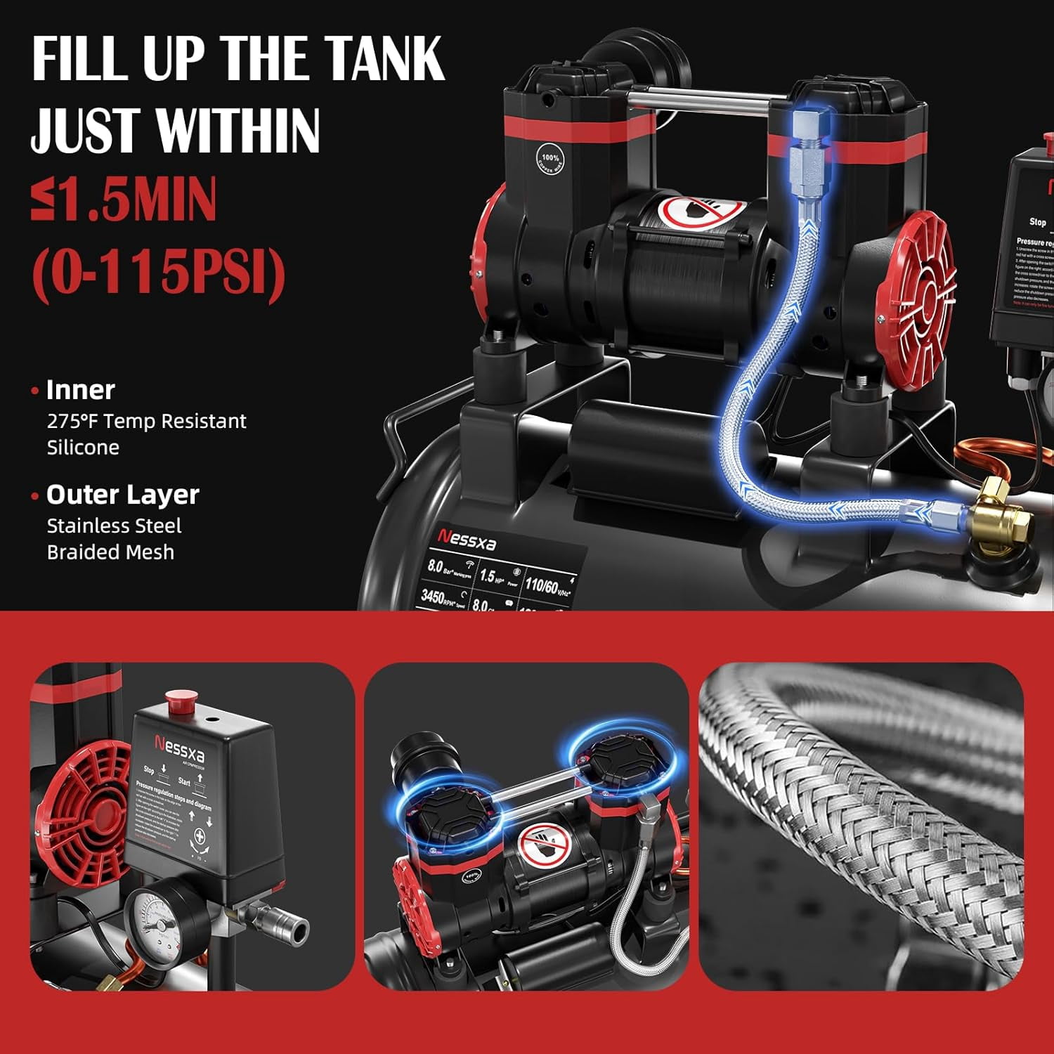 8 Gallon Ultra Quiet Oil-Free Air Compressor, 1.5HP 4.52 CFM 115 PSI, 70dB 110V Portable Air Compressor for Car Repair, Spray Painting, Woodwork Nailing