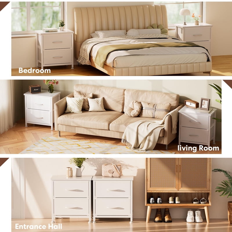 Simple Deluxe Nightstand 2 Drawers Dresser for Bedroom, 3-Tier Bedside Table with Fabric Bins, End Table for Living Room, wood top Load-bearing up to 44 lb, White