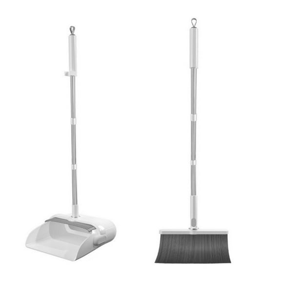 Broom and Dustpan Set, 52-in Long Adjustable Handle Broom Dustpan Combo with Dustpan Teeth to Automatically Clean Hair Suitable for Home Kitchen Office Hall Floor(White)