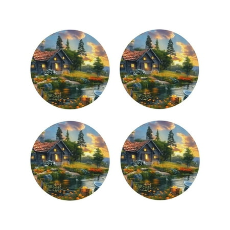 

Fuzoiu Cozy Cottage Lakeside Sunset Print Leather Coasters Set Drink Coasters Set of 4 for Tabletop Protection Durable PVC Coasters Home Décor and Housewarming Gift-Round Shape