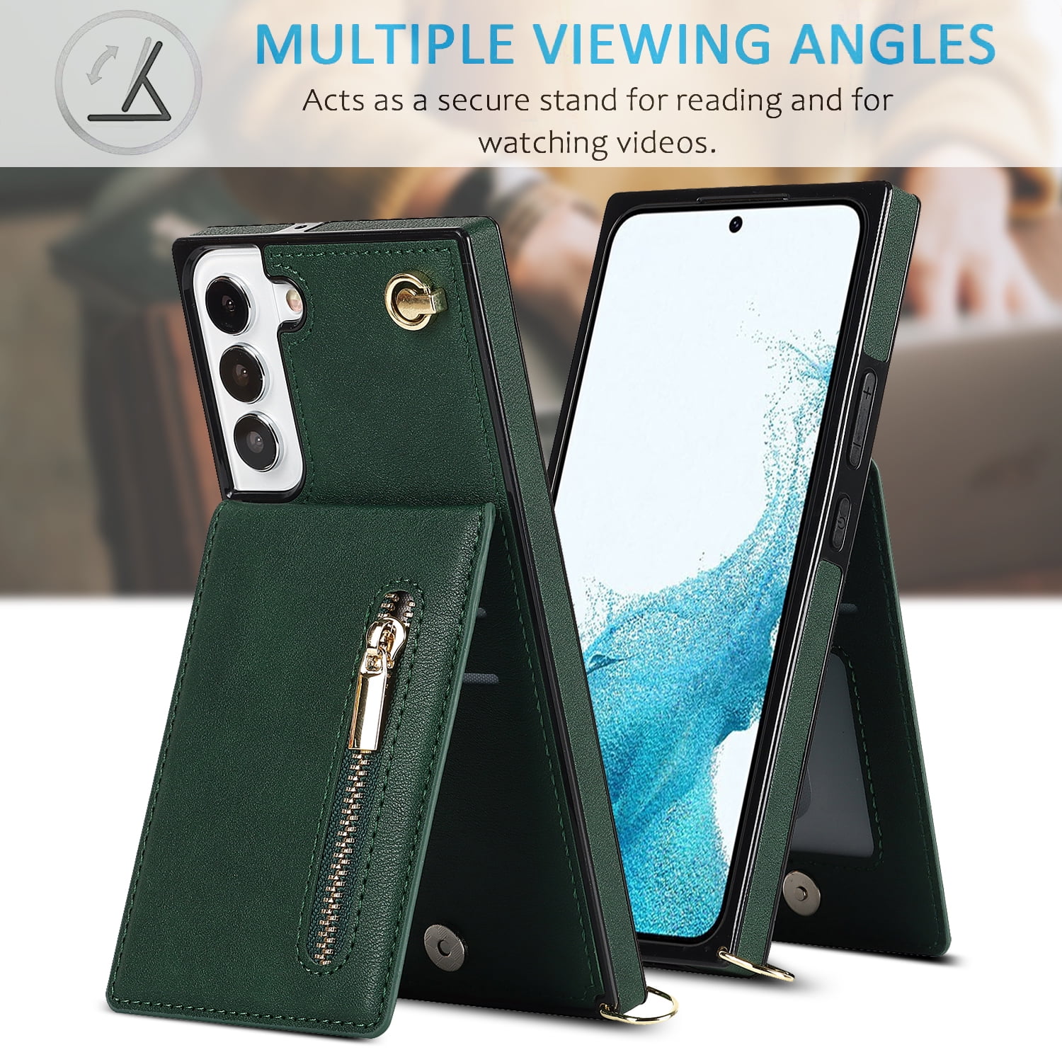 Dteck Flip Leather Wallet Case for Samsung Galaxy S24 Plus, Crossbody Wallet Case with Credit Card Holder Zipper Pocket Lanyard Shoulder Strap, Kickstand Phone Cover for Samsung S24 Plus,Green