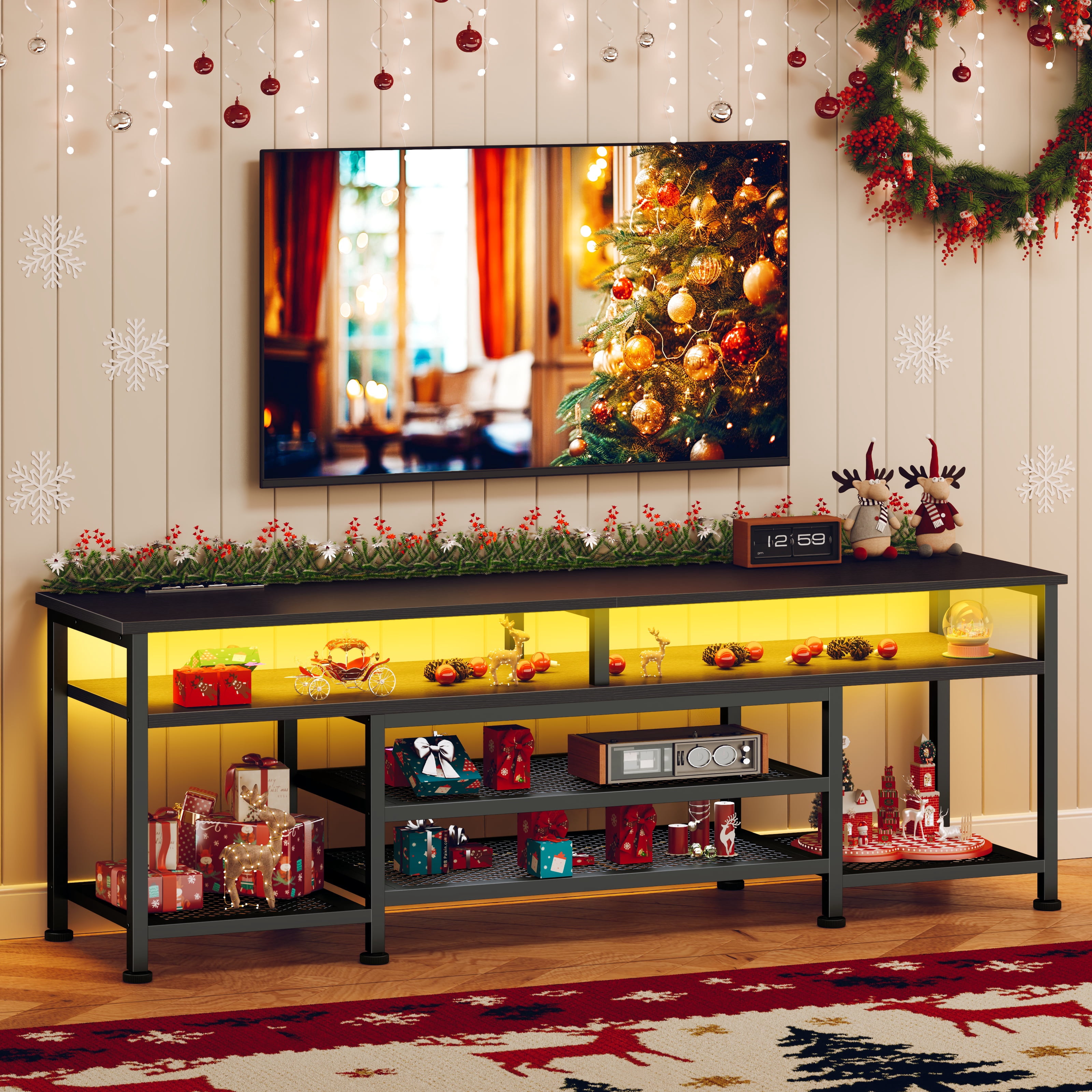 Tydimor Modern TV Stand for 75-80 inch TV, Media Console with Storage for Living Room, LED Entertainment Center with Outlets, Black