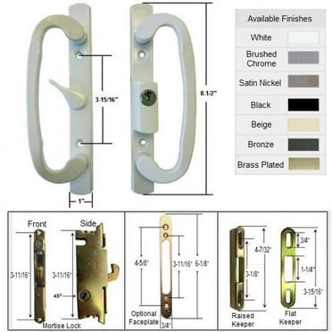 Sliding Glass Patio Door Handle Kit with Mortise Lock and Keepers, A-Position, Centered Latch Lever, White, Keyed