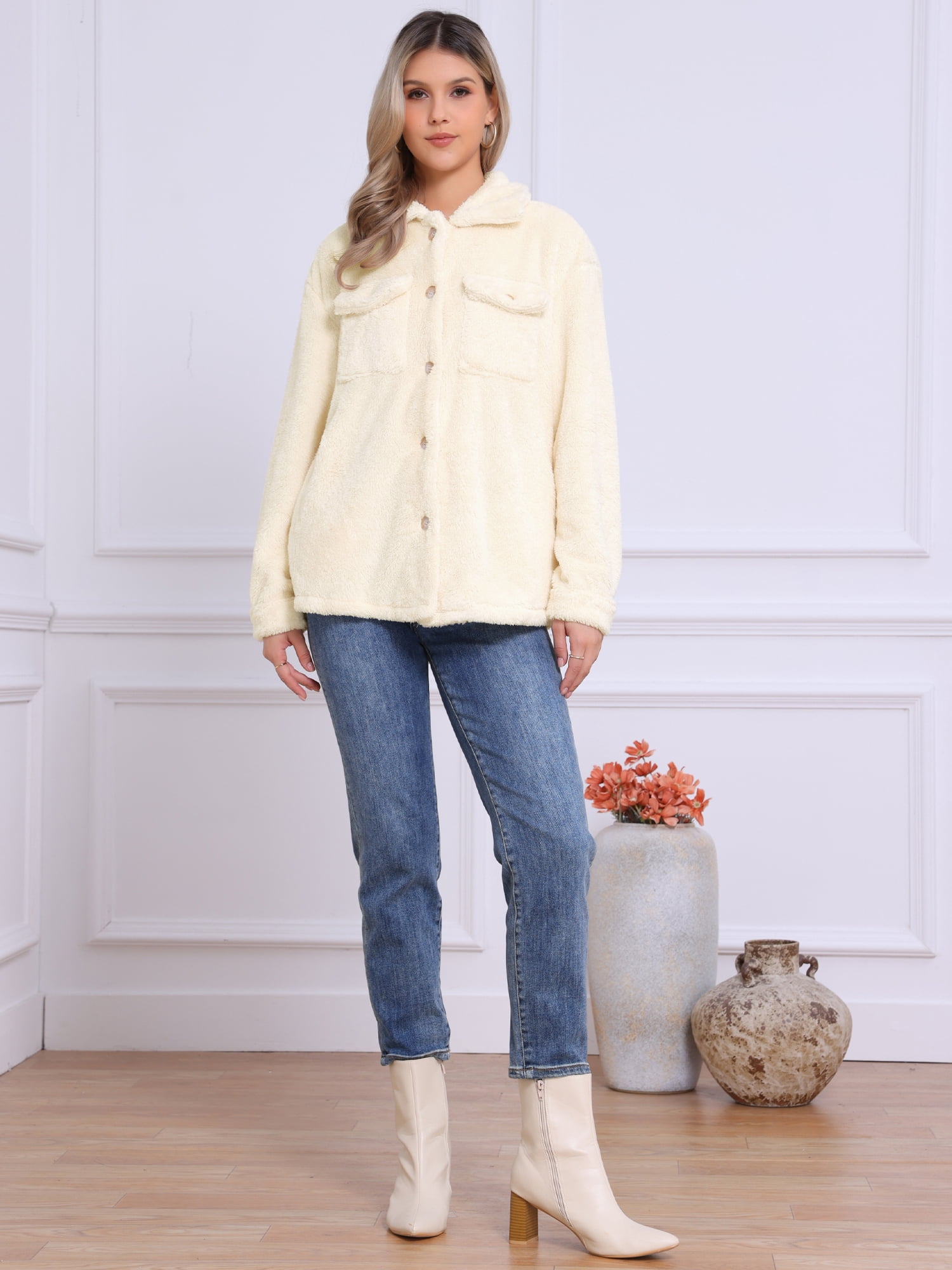 DARING DIVA Women's Fuzzy Teddy Pockets Button Down Faux Fur Coats L Beige
