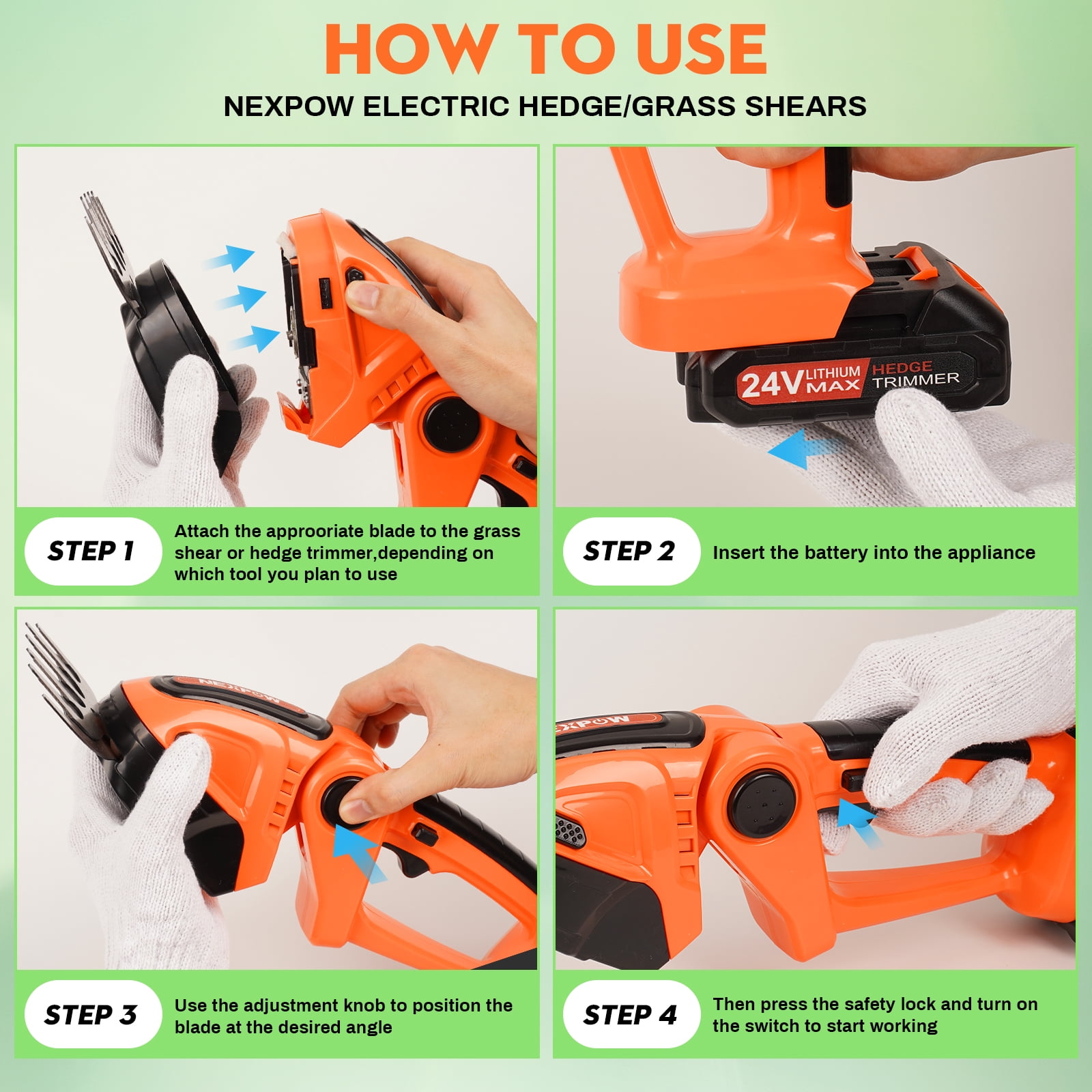 NEXPOW 24V Cordless Hedge Trimmer – 3-in-1 Grass Shears, Shrubbery Trimmer & Electric Grass Trimmer, Dual Batteries, Lightweight & Powerful(Orange)