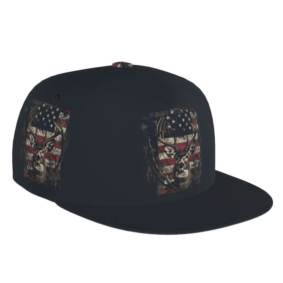 Flat Bill Trucker Hats for Women Men - USA Flag Deer Art Adjustable Flat Baseball Cap Snapback Hats Dad Hats for Men