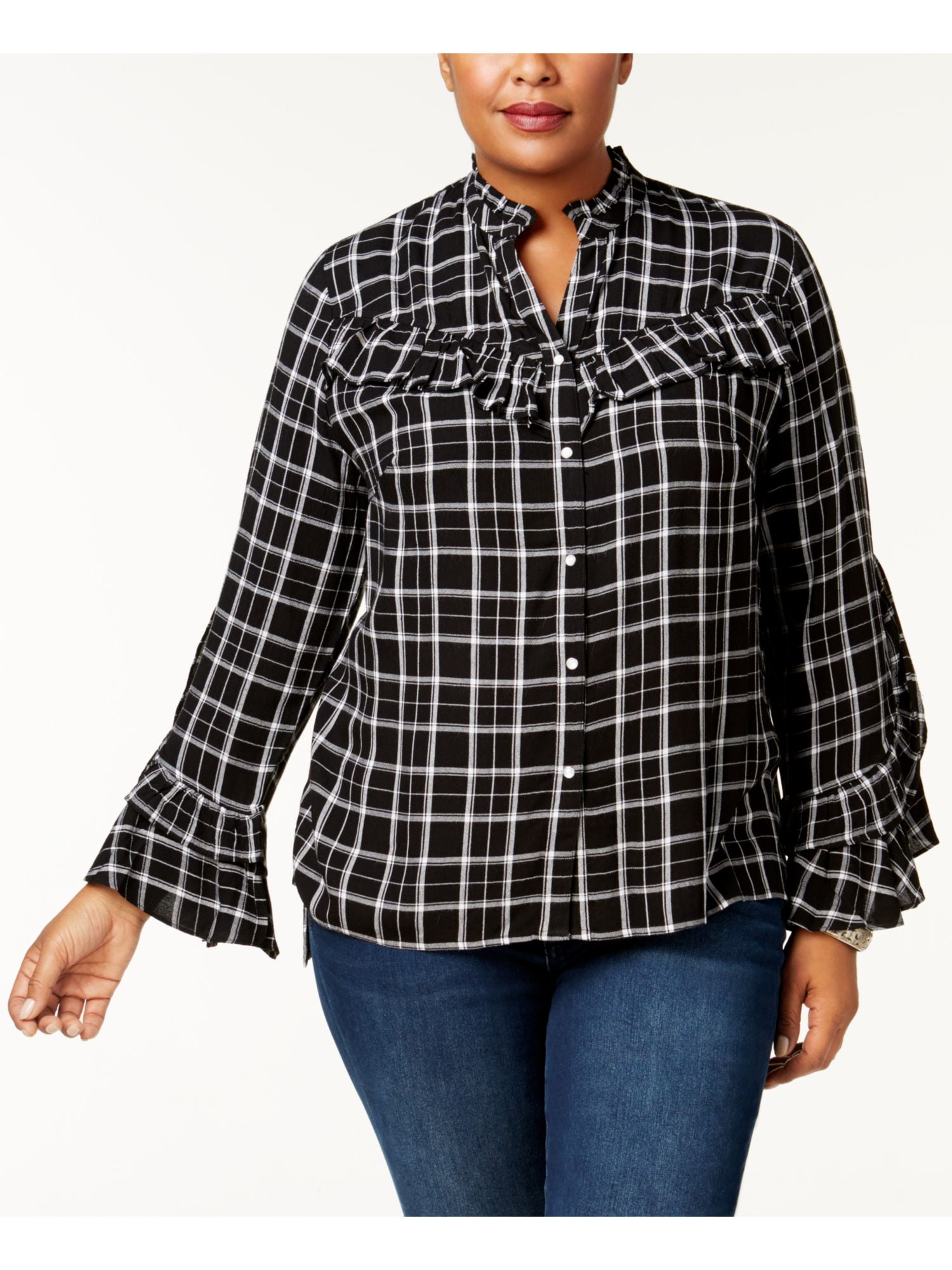 Photo 1 of PLUS SIZE OX INC Women's Black Ruffled Plaid Long Sleeve Button Up Top 