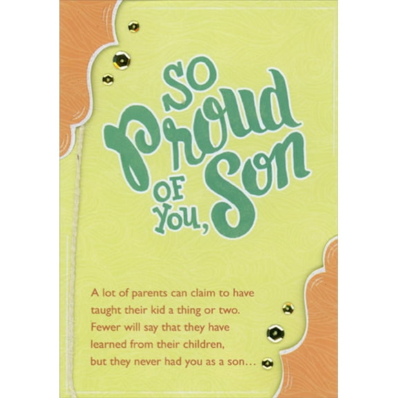 Designer Greetings So Proud of You, Son : 3D Orange Borders, Gold Sequins and Twine Hand Decorated Graduation Congratulations Card