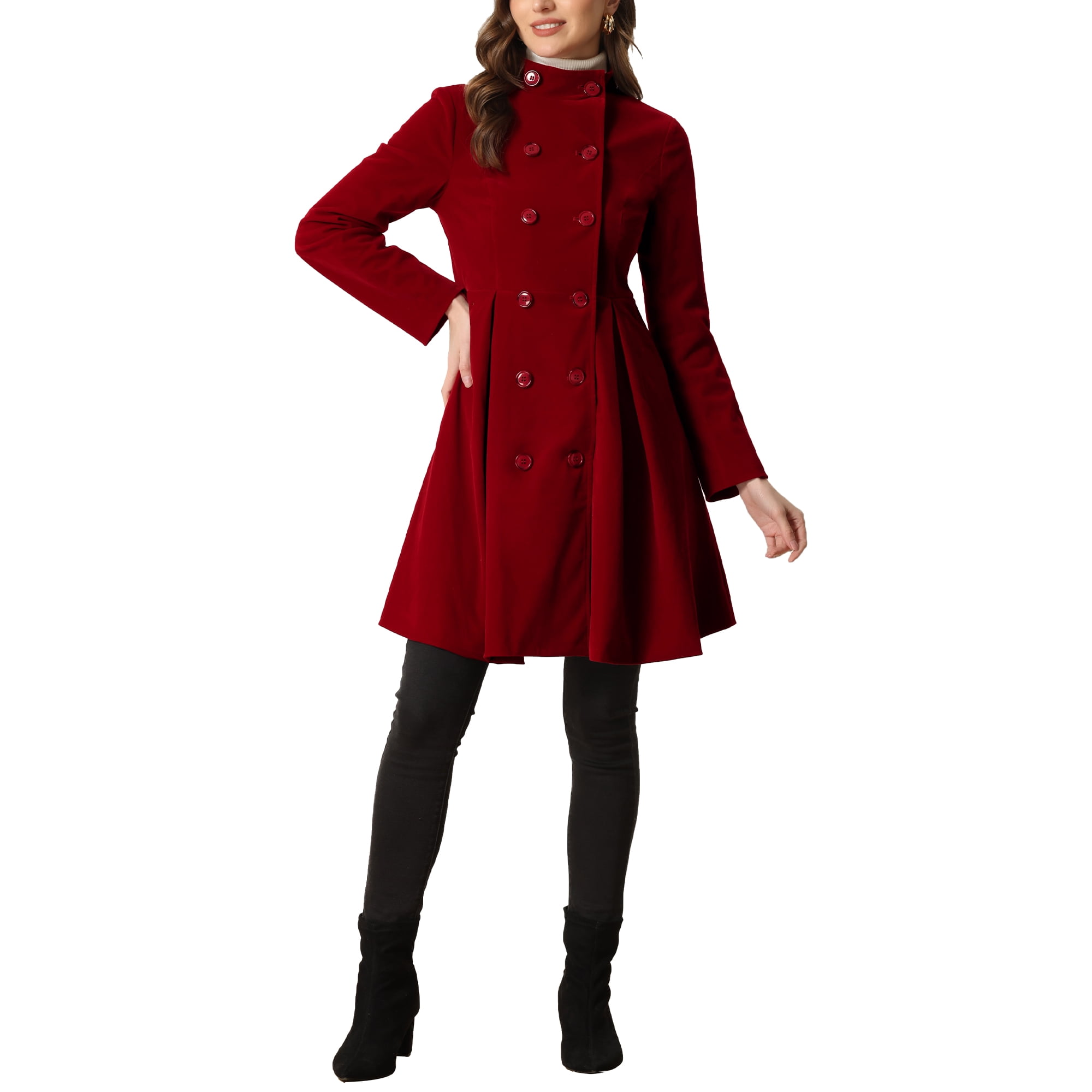 Unique Bargains Velvet A Line Coat for Women s Stand Collar Double Breasted Winter Trench Coats Dark Red XS Walmart