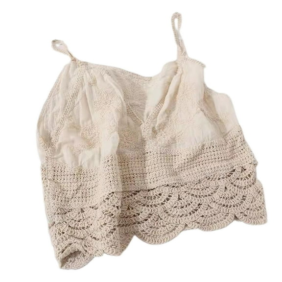 JUNTEX Women Spaghetti Strap Lace Crop Top Hollow Crochet Wavy Hem V-Neck Beach Vest