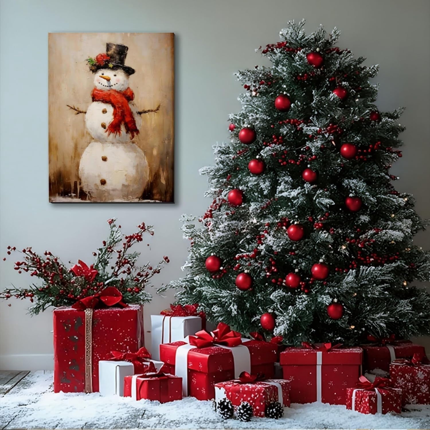 Rustic Snowman Christmas Wall Art, Framed Christmas Pictures for Bedroom & Bathroom Wall Decorations, Farmhouse Winter Scene Painting Canvas Prints for Living Room