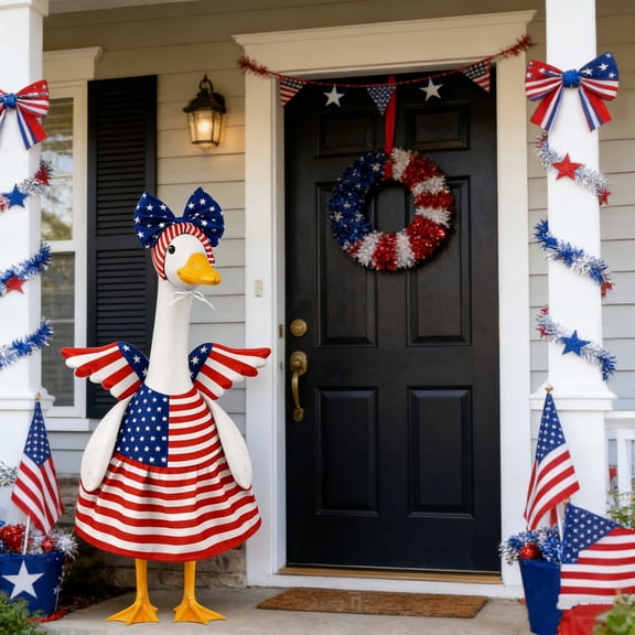 Independence Day Porch Goose Costume, Patriotic Red White Blue Outfit, 23 Inch Goose Clothes for July 4th Lawns Garden Decor
