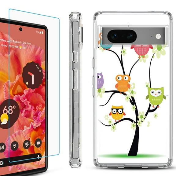 Shockproof Bumper Phone Case for Google Pixel 7, with Tempered Glass Screen Protector, by OneToughShield ® - Tree Owl